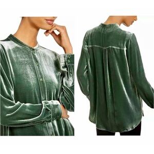 EILEEN FISHER Mandarin Collar Sage Green Velvet Button Down Shirt
